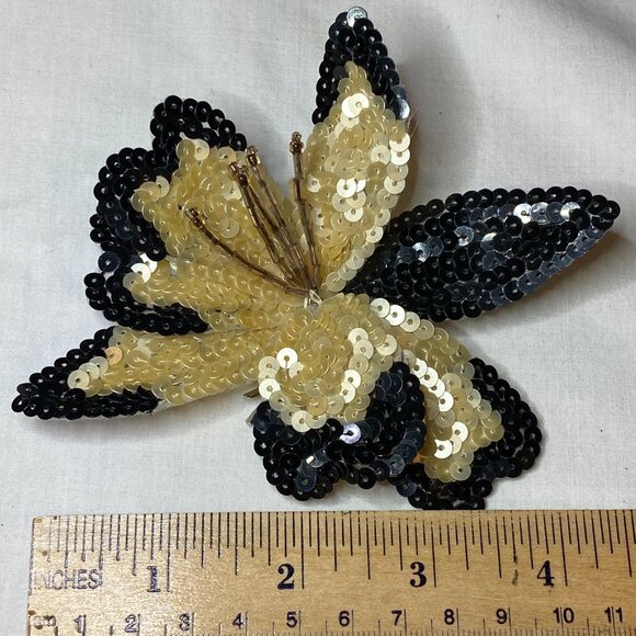 EVE REID Vintage 80s Black Gold Sequin Flower Convertible Pin & Hair Barrette - Picture 13 of 14